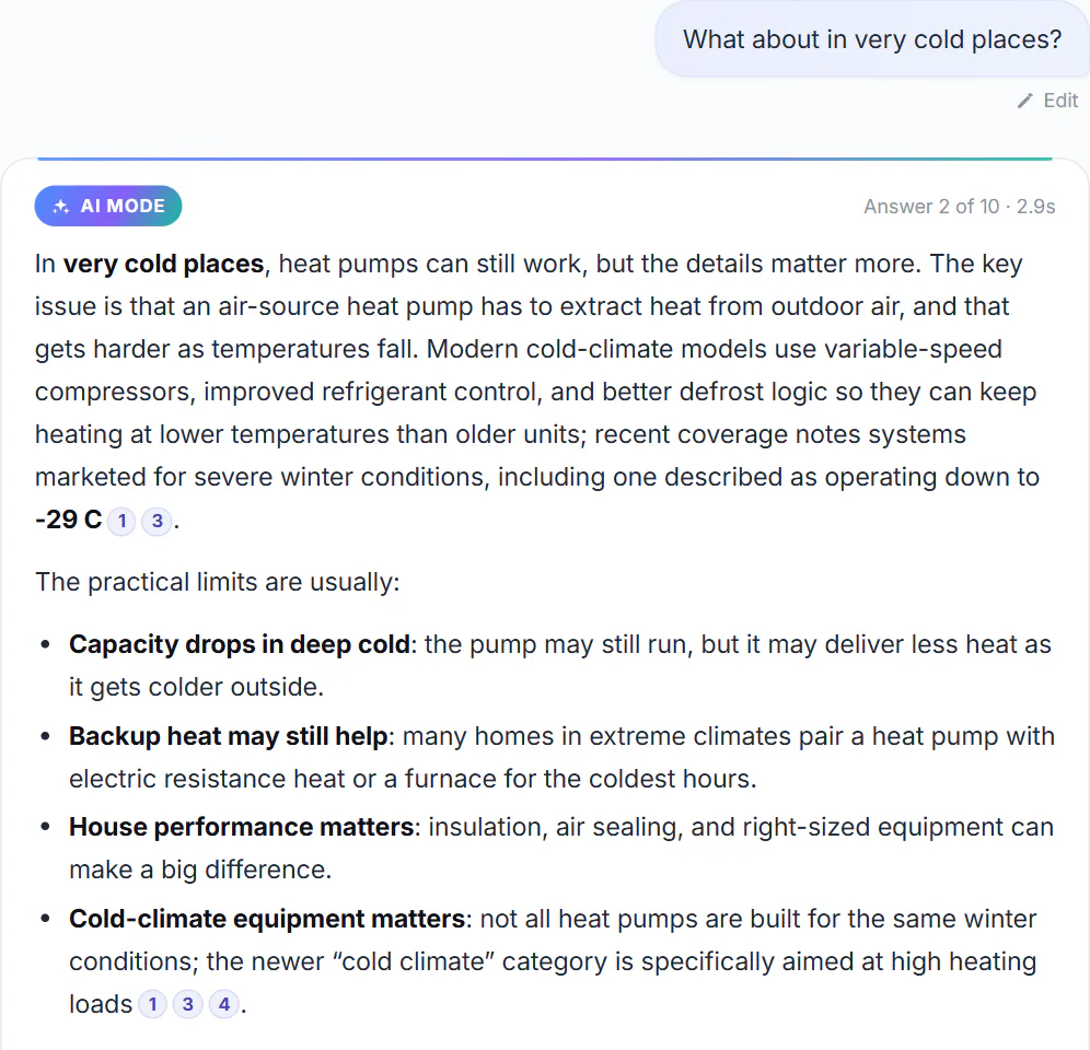 A follow-up in AI Mode: the second question in its bubble, then its answer, labelled Answer 2 of 10, with numbered citations