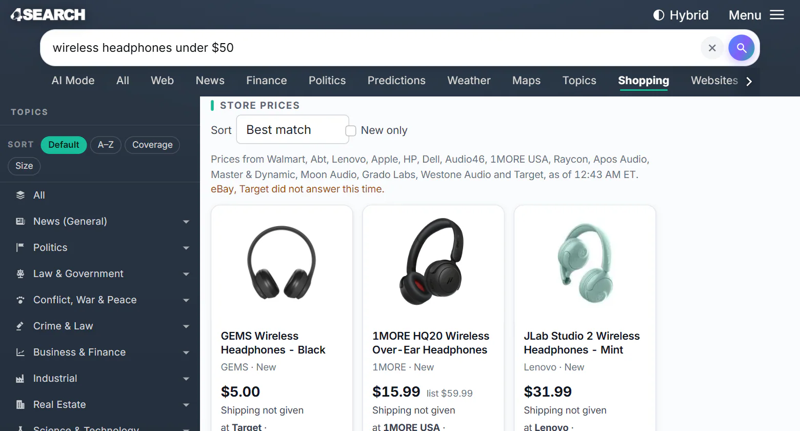 A Shopping search typed as wireless headphones under $50, with the first row of results all priced below fifty dollars