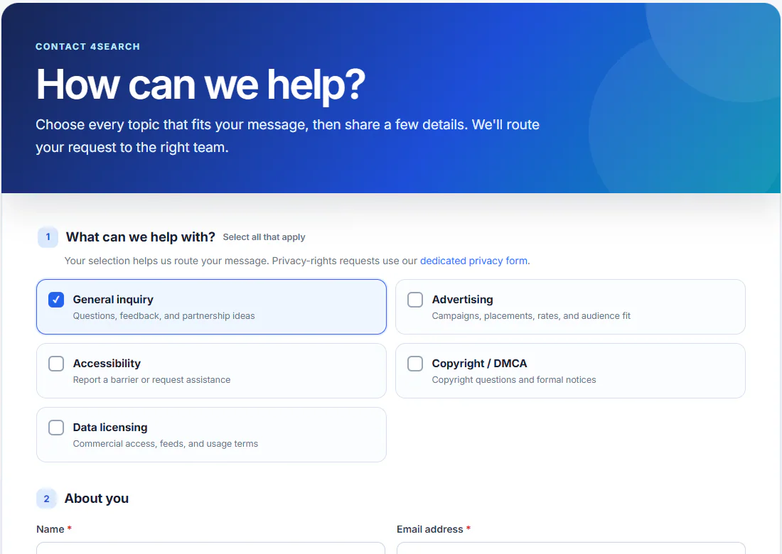 The top of the Contact page: the topics to choose from and the About you fields